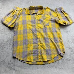 La Miel Flannel Shirt Women L Yellow Purple Plaid Button Grunge Retro Cabincore